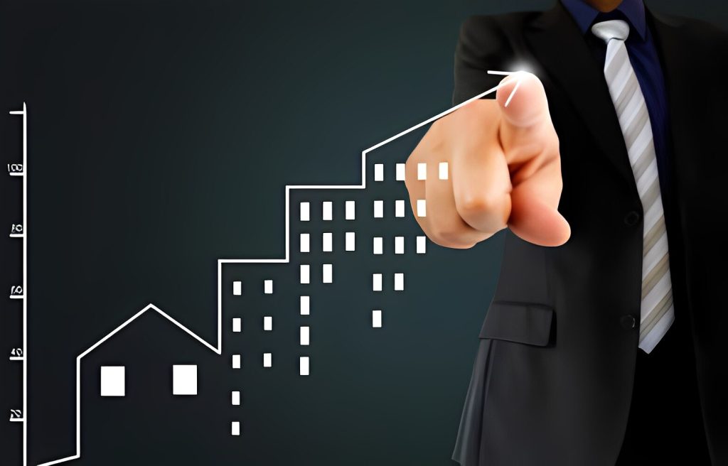 businessman is making a positive trend in investment real estate concept with black background