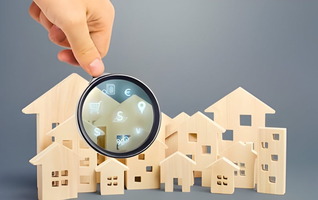 Realtor examines houses through a magnifying glass. Review of the real estate market, search for the best offers based on the criteria of price, location, area, infrastructure. Customer preferences.